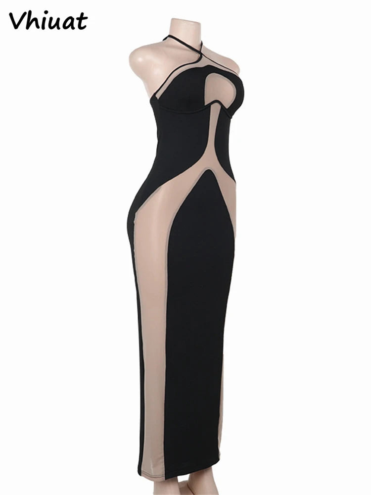 Vhiuat Hollow Out Sexy Women Striped Evening Party Maxi Dress Sleeveless Backless Halter Elegant Fashion Long Dresses Y2K 2024