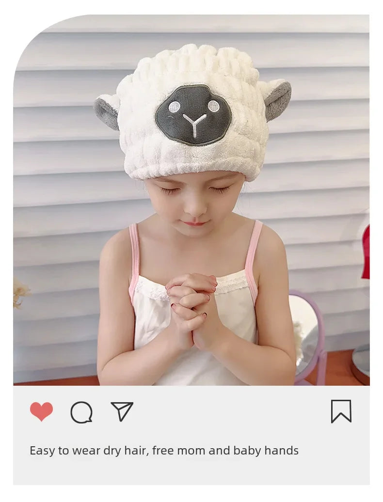 Coral Fleece Cartoon Kids Hair Drying Hat Animal Embroidered Shower Cap Absorbent Quick Dry Tape Cute Bathroom Accessory Soft