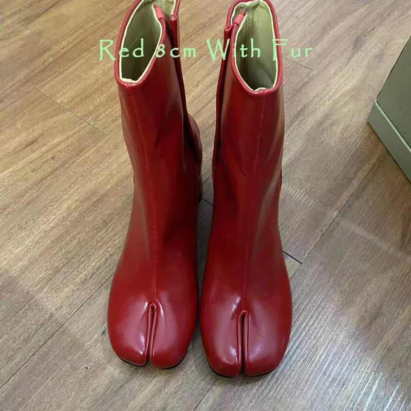 Split Toe Chunky Heels Ankle Boots Women Brand Designer Tabi Short Boots Autumn Winter INS Style Genuine Leather Female Shoes