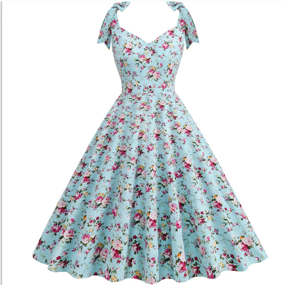 2024 New Fashion Women Summer Dress Retro 50s 60s Robe Femme Rockabilly Pinup Party Vestidos Casual Elegant Floral Office Dress