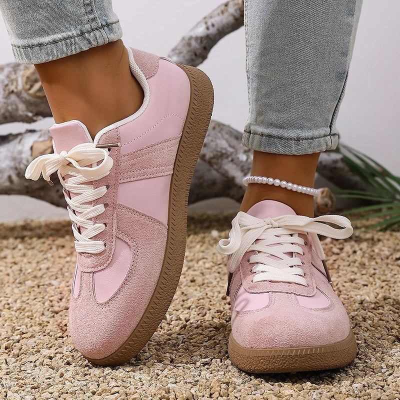 Women's Pink Thick Sole Sneakers 2026 Spring Faux Suede Platform Sport Shoes Woman Plus Size 43 Anti-slip Casual Flat Shoes
