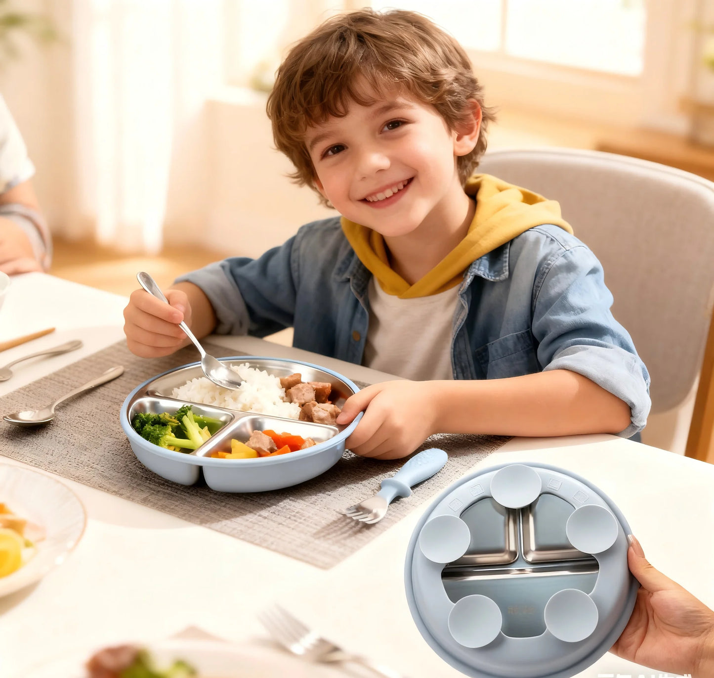 3-pack stainless steel cutlery tray, baby feeding tray, removable suction cup, BPA-free silicone baby training spoon
