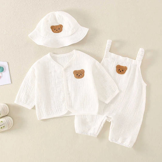 3Pcs Muslin Baby Jumpsuit Coat Hat Bear Baby Summer Clothes Set Kids Coat Romper White Toddler Outfit Suit Infant Clothing 0-3T