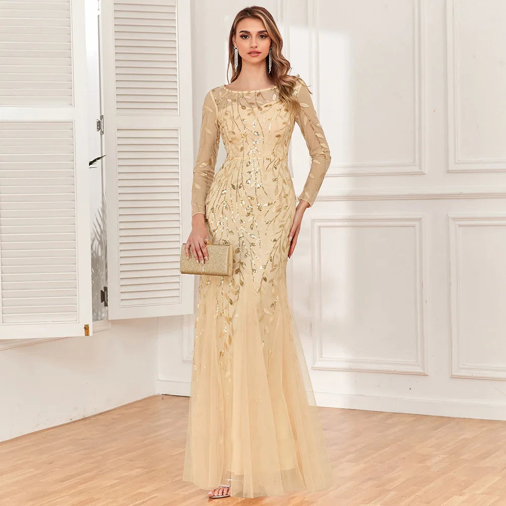 Elegant Round Neck Sequined Mermaid Long Formal Evening Dress With Long Sleeves