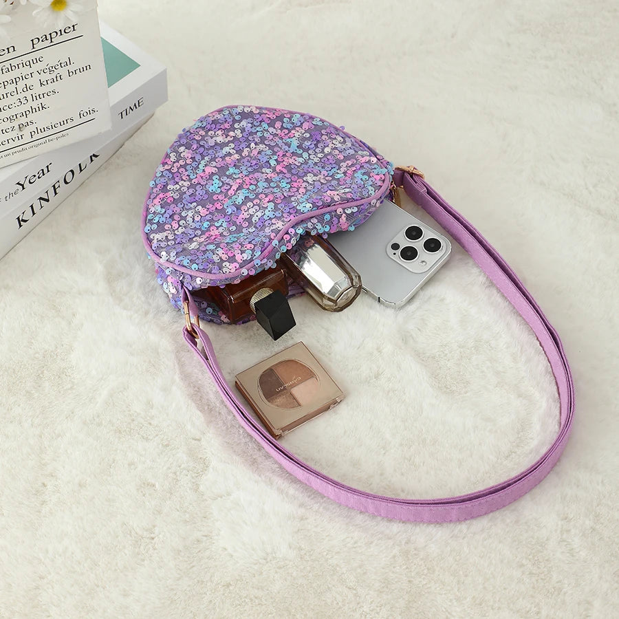 Glitter Heart Shape Crossbody Bag For Girls Purple Zipper Sequin Sling Bags For Women Outdoor Travel Mini Purse