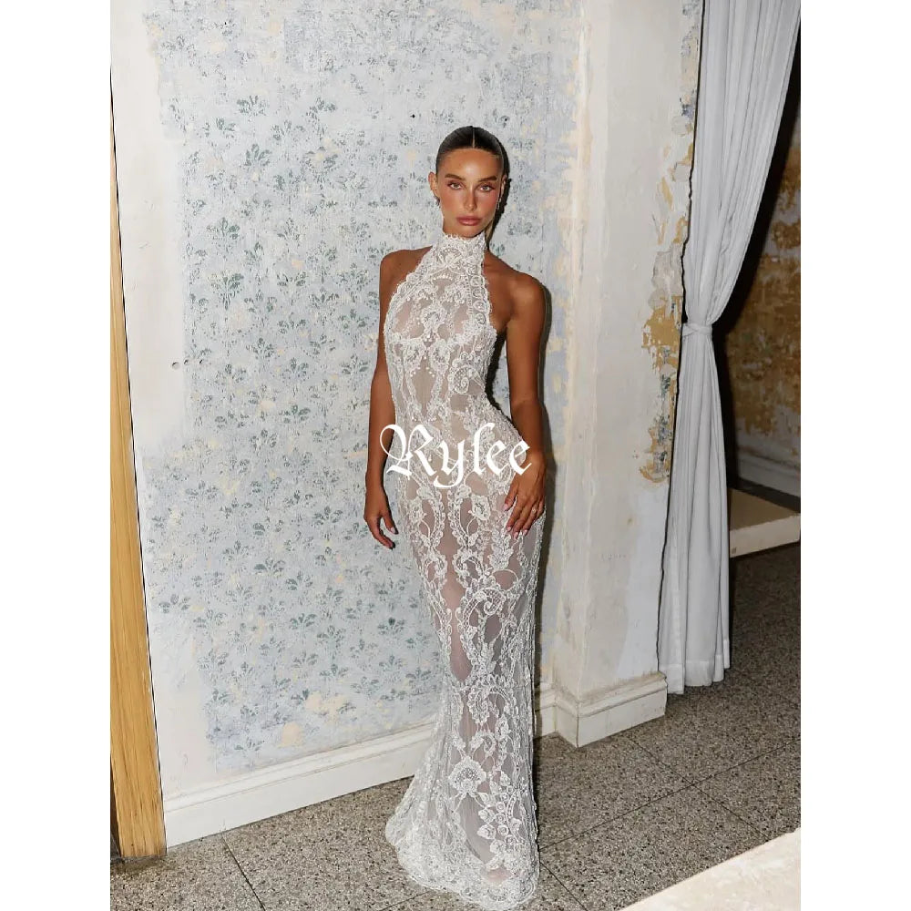 Rylee Vintage Halter Lace Wedding Dress Mermaid Elgant Sleeveless Appliques No lining Bridal Gown Princess Bride Gown Customized