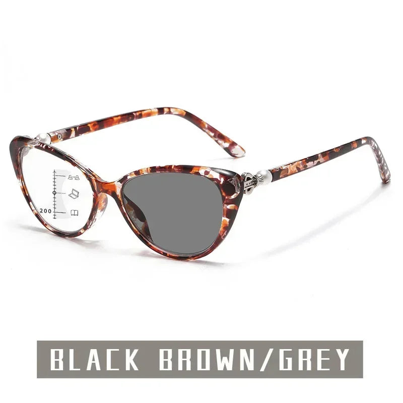 Cat Eye Finished Progressive Multifocal Reading Glasses Unisex Women Men Outdoor Color Changing Bifocal Eyewear Diopter To +4.0