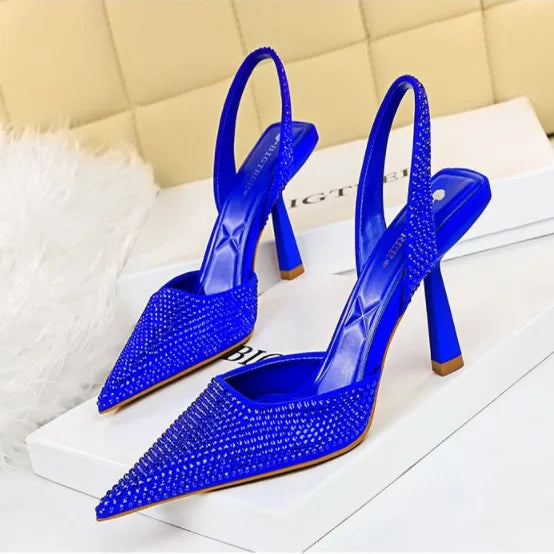 Gold Women Heels Sandals 2024 Summer Crystal Pointed Toe Female Stiletto African Party Rhinestone Shallow Slip on Heel Shoes