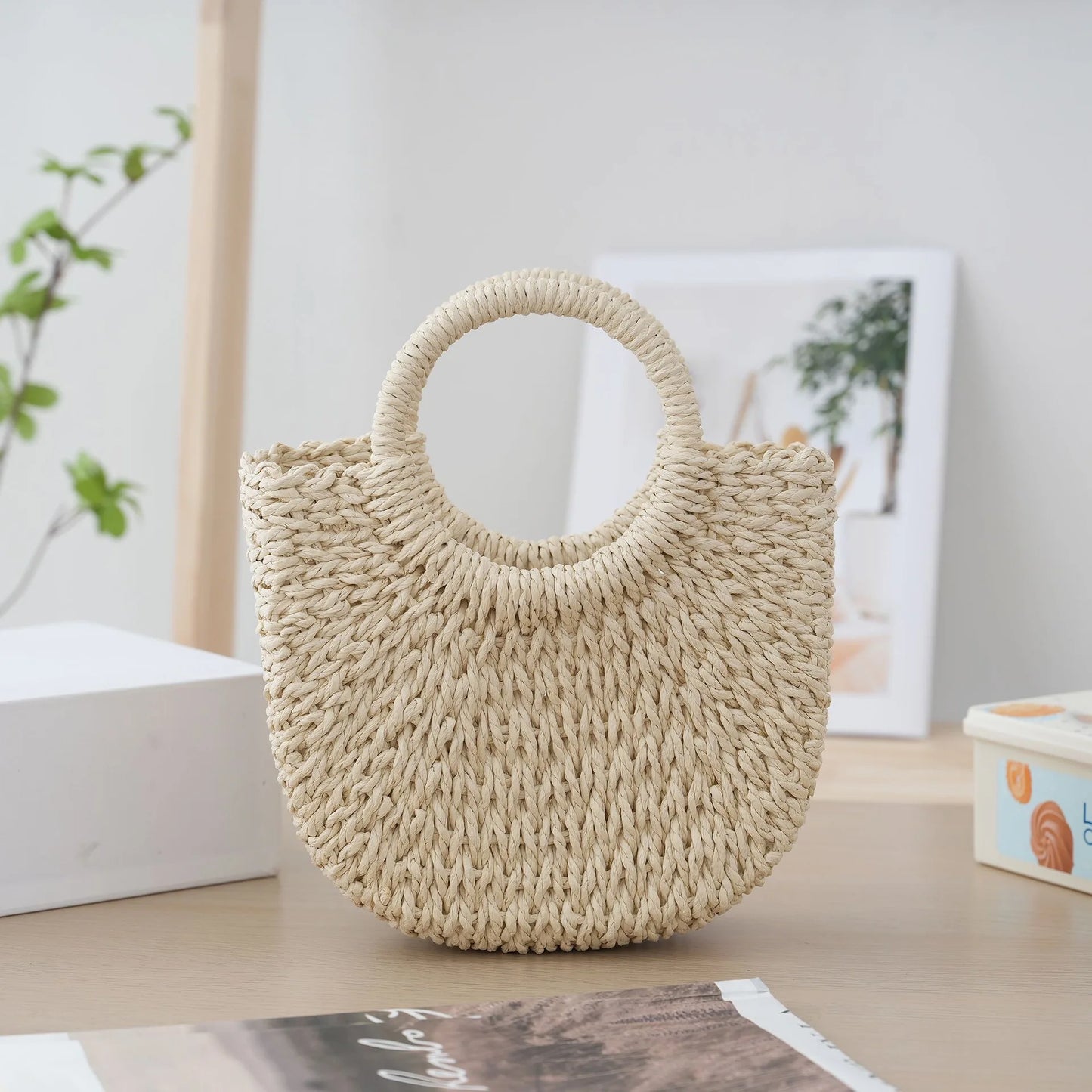 Hand Woven Straw Semicircle Tote Bag Large Capacity Handheld Crossbody 2-in-1 Beach Vacation Fashion Bag for Women