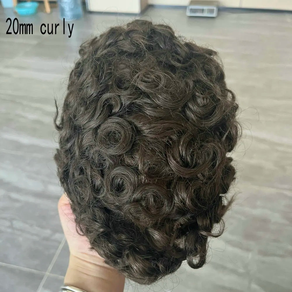 Curly Men's Wig 15mm Black Brown Human Hair Mono NPU Breathable Toupee18mm 20mm Curly Durable Male Replacement System Prosthesis