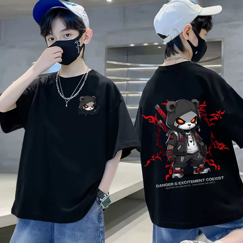 100% Cotton Boys T-shirt Summer Streetwear Cool Graffiti Print Girls Tees Short Sleeve Children Tops High Quality Kids Clothes