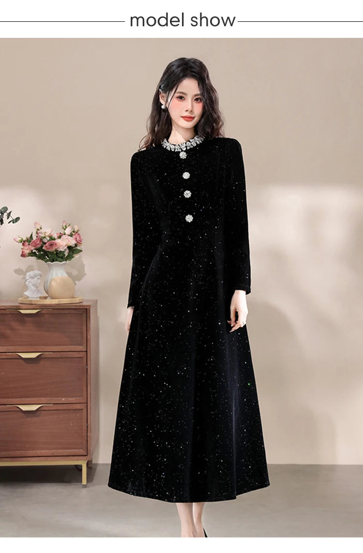 Formal Occasion Black Shiny Slim Long Evening Dress Women Clothes Elegant Luxury Lady Fashion Party Prom Birthday Vestids Retro