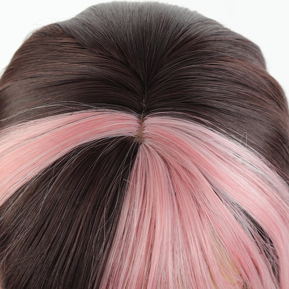 Ombre Pink Brown Wig for Women Cute Lolita Hair Wig with Bangs High Temperature Fibers Synthetic Wigs Headband Wigs for Cosplay