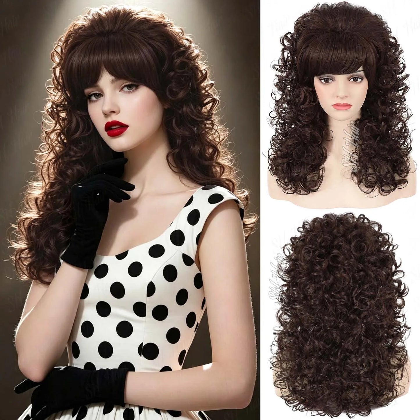 Synthetic 80s Vintage Big Beehive Wig for Women Retro Curly Wig with Bangs for 60s 70s Cosplay Halloween Party,Dolly Costume Wig