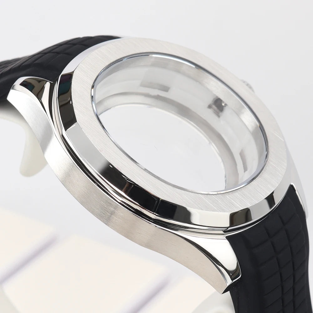 42mm Silver NH35 Watch Case Polished Brushed Black strap SapphireGlass For Nautilus AQUANAUT Cases Part NH35 NH36 NH38 32mm Dial