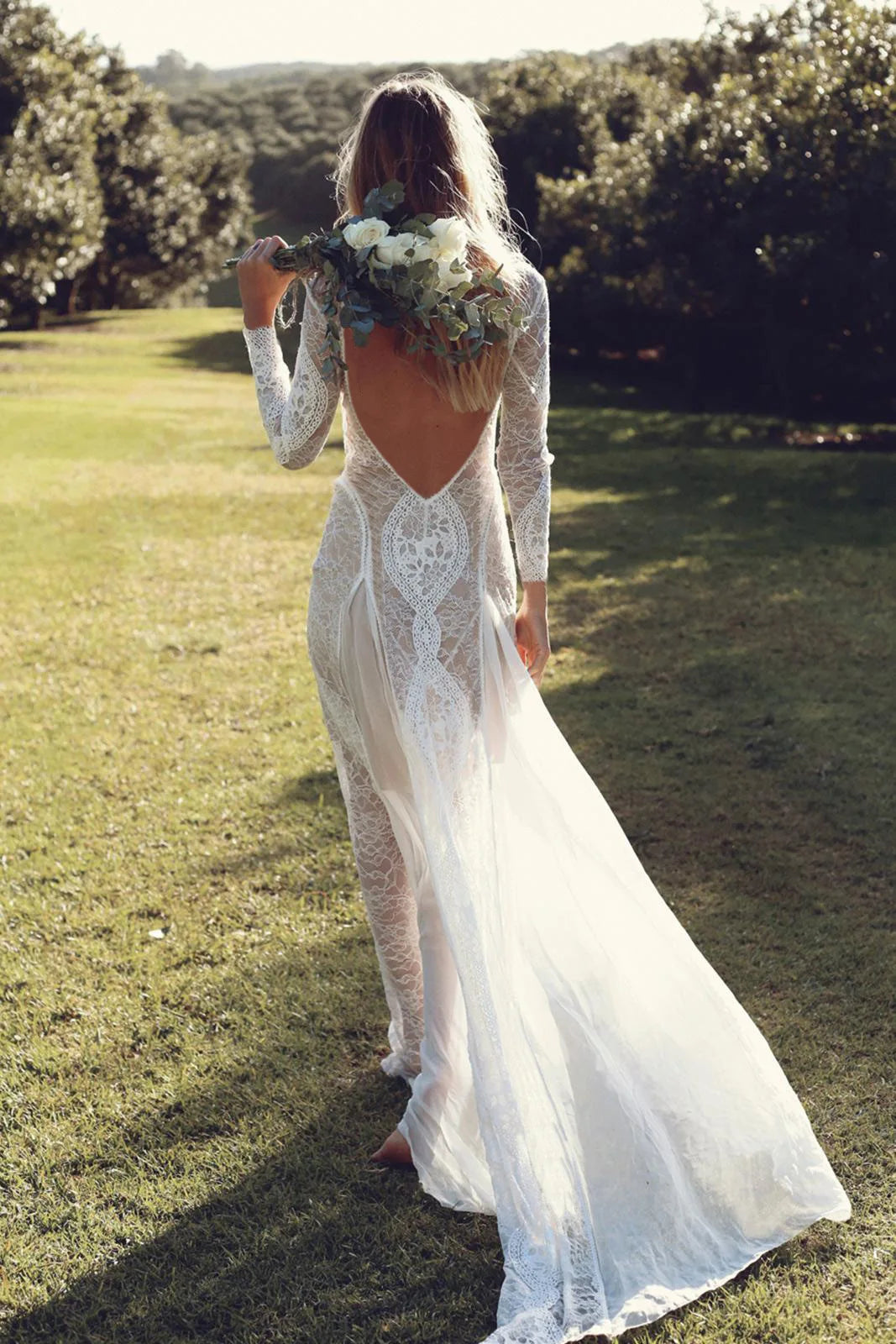 Summer Women Long Party Dress Vintage Long Sleeve Floor Length Sexy Backless White Lace Maxi Dress  sexy