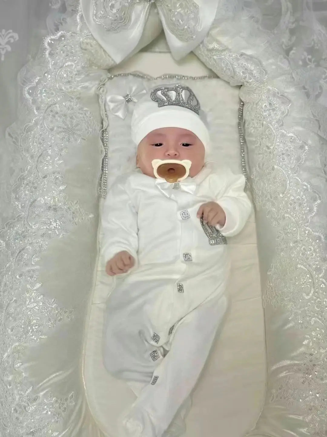 Dollbling Baptism Outfit Boy Prince Luxury Bling Christening Coming Home Romper Bonnet Set Mittens Nursery Hospital Clothing set