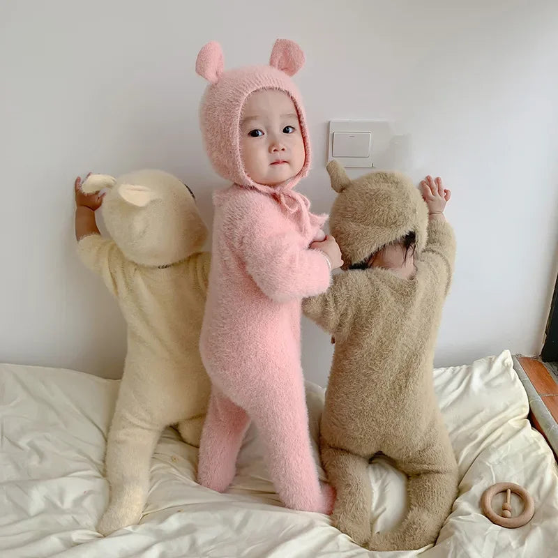 Newborn Baby Mink Fur Romper with Hood Cute Bear Animal Ear Footed Onesie Winter Warm Jumpsuit for 0-2 Years