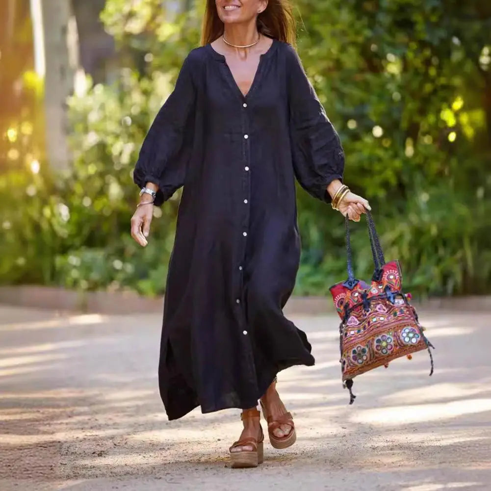 Spring Autumn Women Long Dress Loose Button-down 3/4 Sleeves Maxi Dress Pure Color V Neck Cardigan Casual Dress For Daily Wear