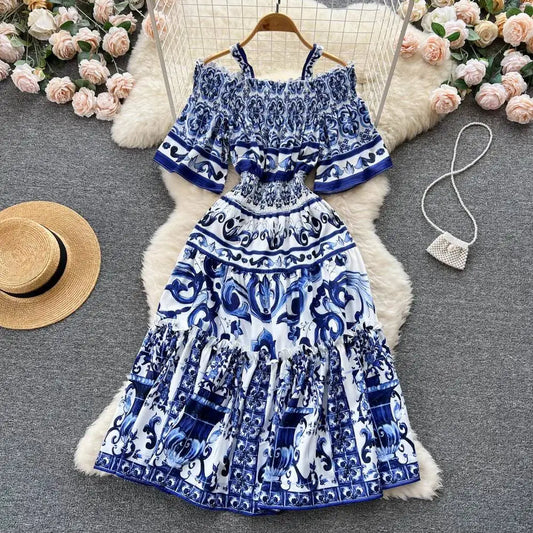JAMERARY Summer Runway Blue White Porcelain Print Midi Dress Women's Straps Flare Sleeve Elastic Waist Cotton Floral Vestidos