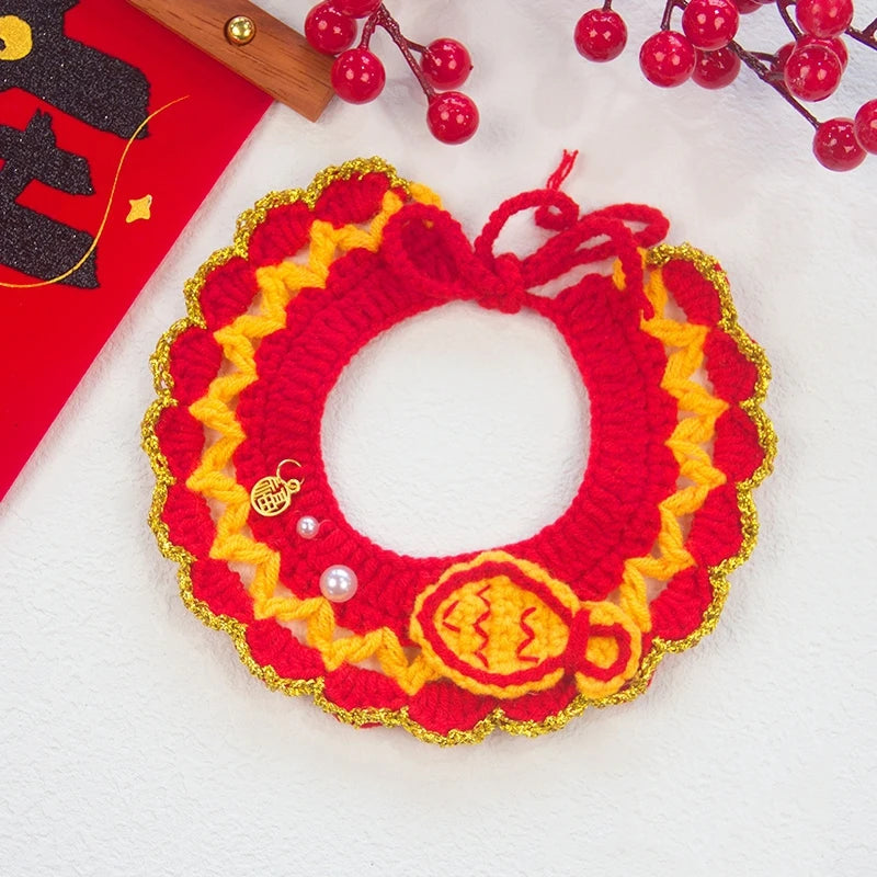 New Year Cat Collar Pet Cat Dog Scarfs Crocheted Kitten Puppy Collar Spring Festival Cat Cosplay Costume Pet Accessiories