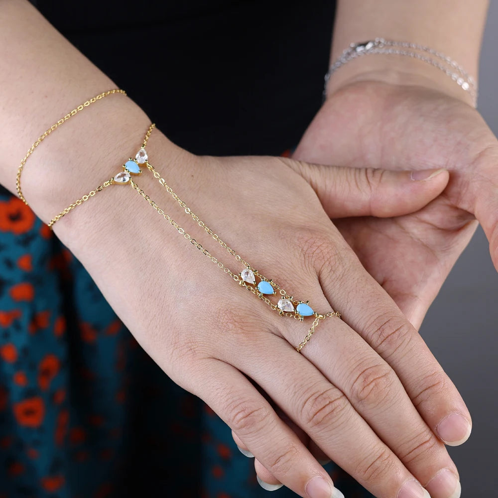 2025 New High Quality Geometric Bezel Setted Blue Turquoises Stone Summer Hot Fashion Jewelry Women Hand Chain Bracelet