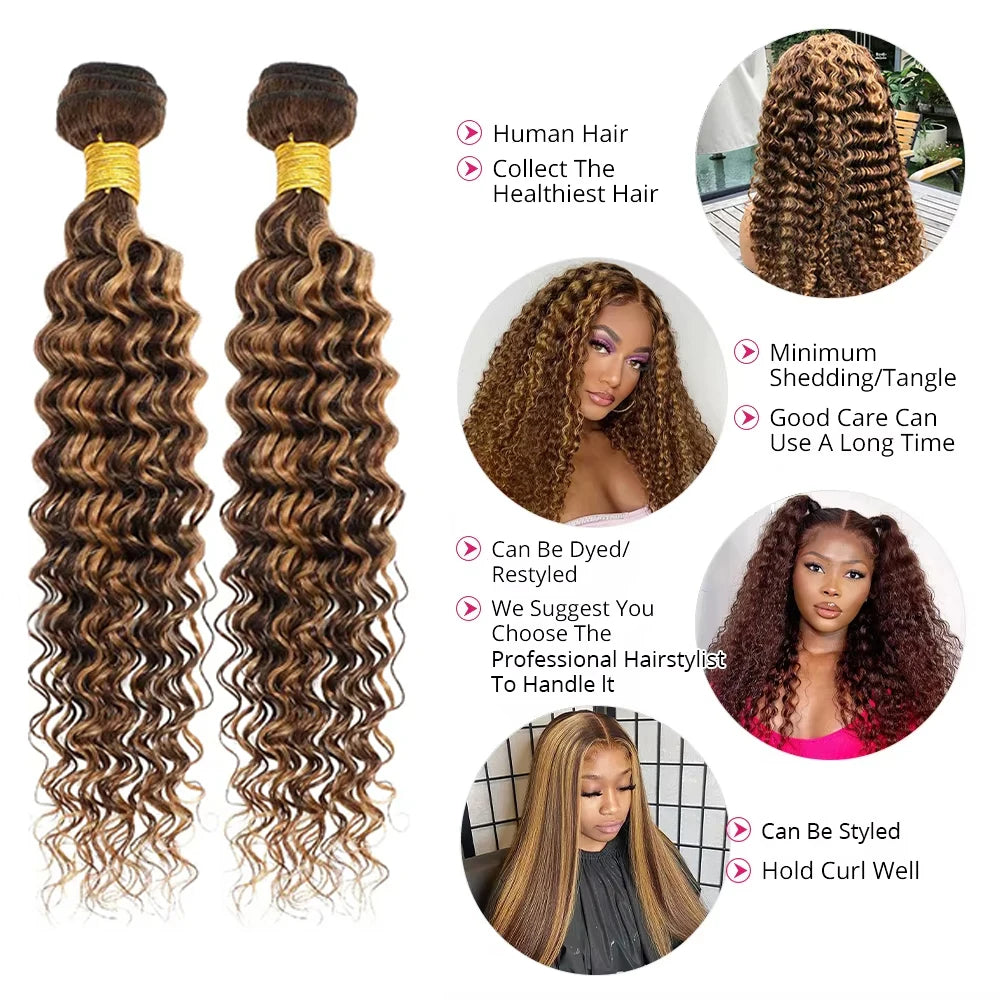 4/27 Deep Wave Highlight Burmese Curly Hair Bundles Honey Blonde Brown Curly Hair Weave 1/3/4 Bundles Deal Virgin Hair Extension