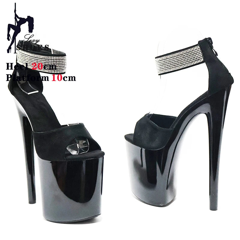 New High-heeled 20cm/8inchs Sandals Women Summer Strap Thin Heel Black Sandals Stripper Pole Dance Dress Models Nightclub Shoes