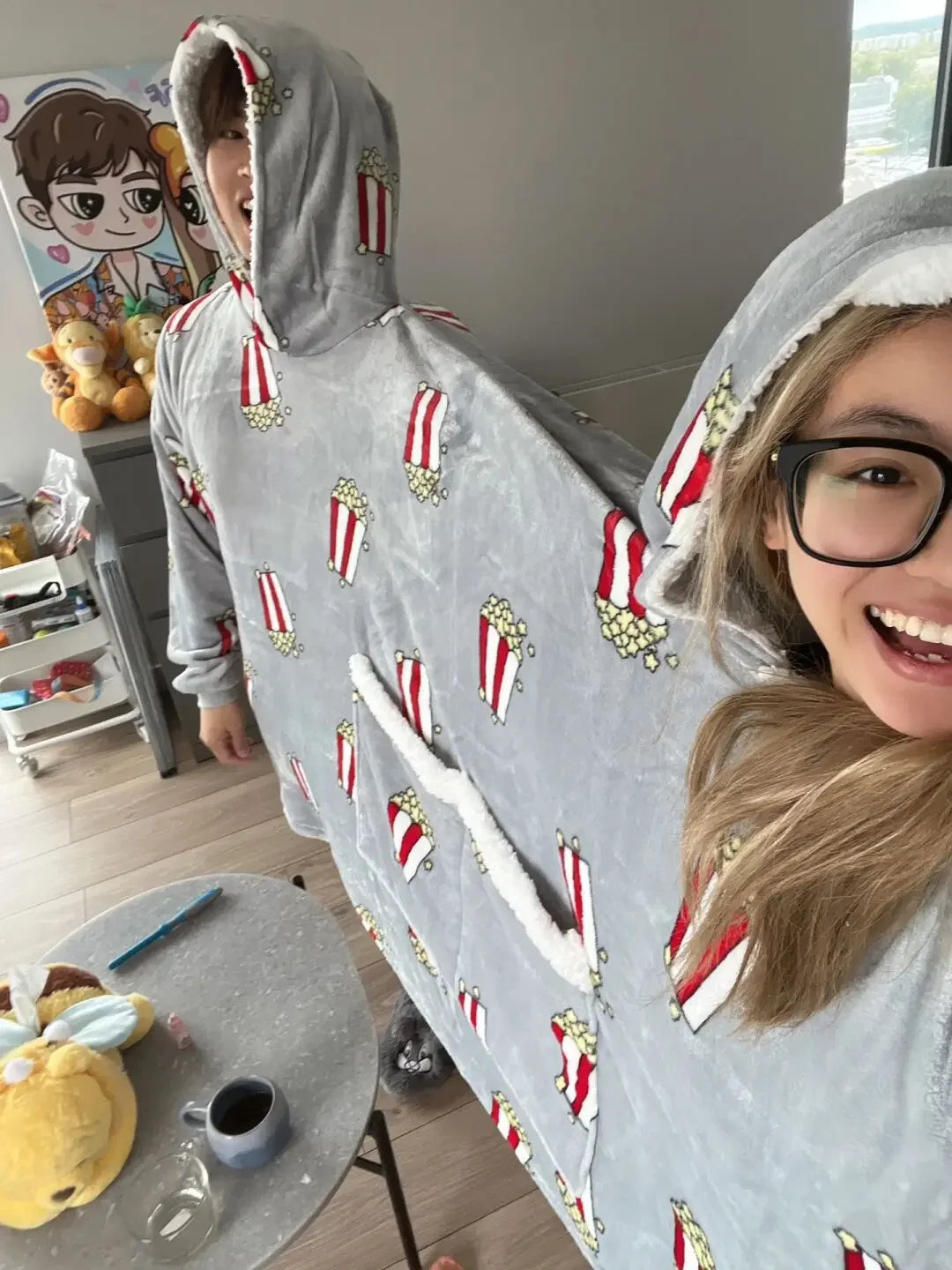 Creative Couple Matching Hooded Romper Sweatshirts Spring Summer New Style Close Knit Popcorn Print Intimate Pajamas