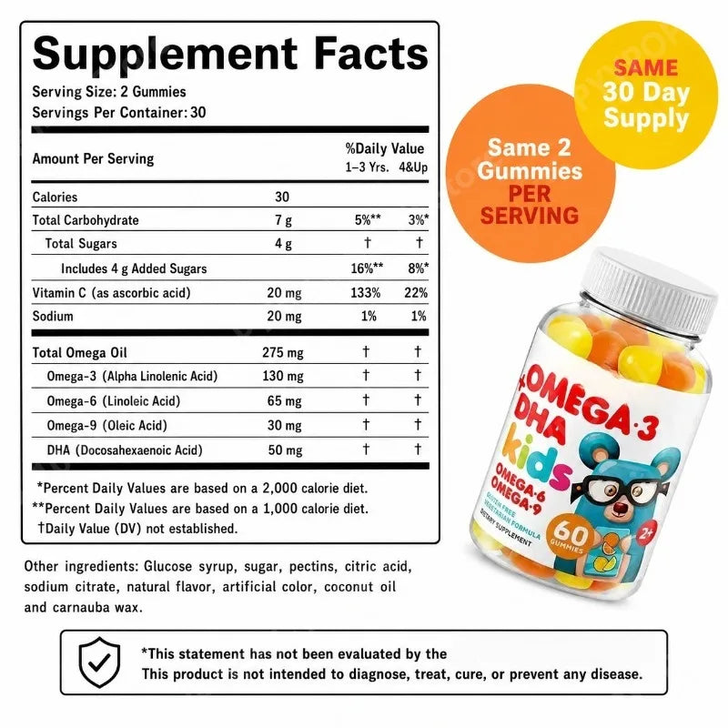 Omega 3 DHA Kids Gummies 60pcs Fruity Vegetarian Gluten Free  Daily Nutritional Support for Children 2+