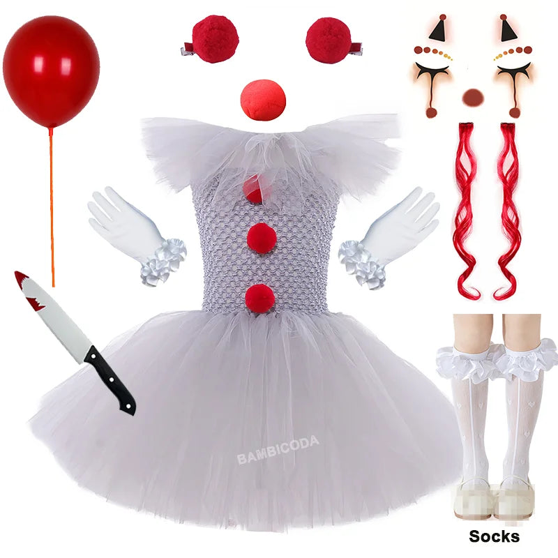 Halloween Pennywise Costume Creepy Clown Gray Tutu Dress Outfit Girls Fancy Carnival Party Tulle Dresses Joker Clothes