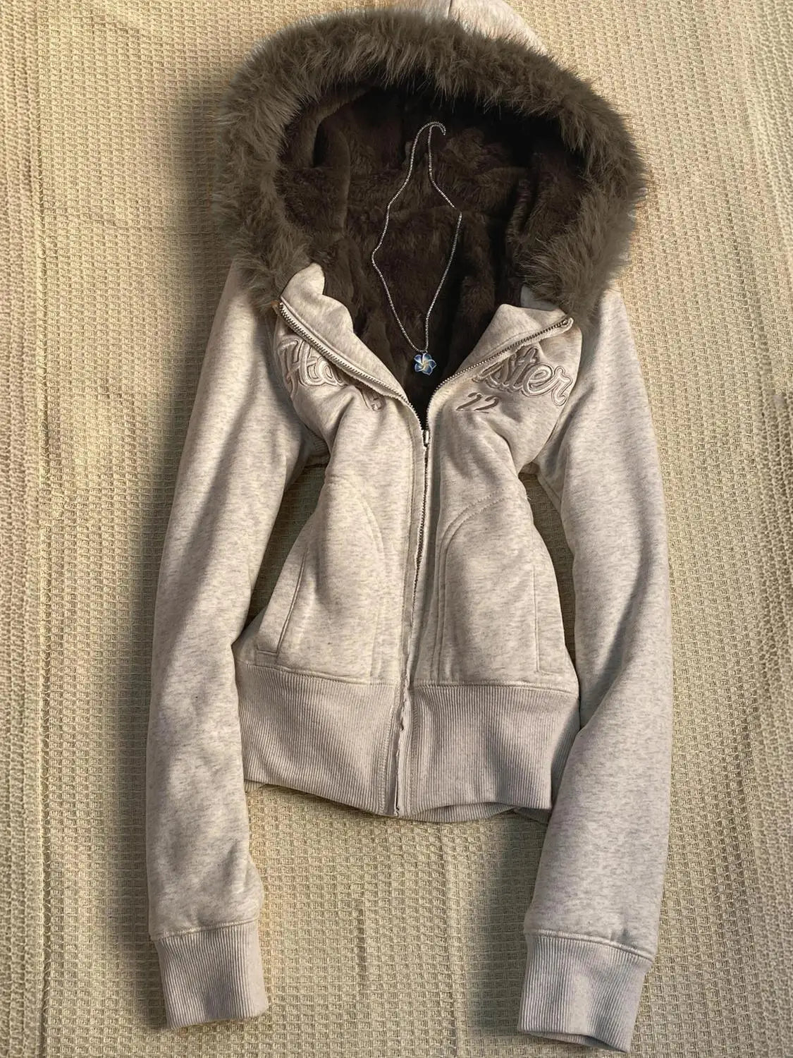 Y2k Aesthetic Vintage Fur Patchwork Hoodies Autumn Grunge Letter Embroidery Hoody Streetwear Cropped Zipper Sweatshirt Jackets