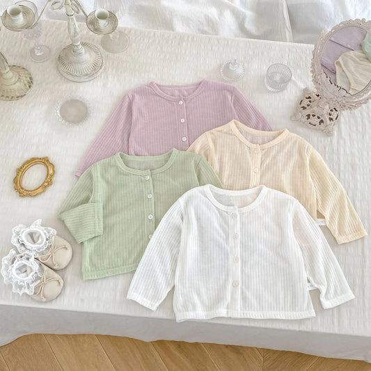 Summer Baby Girl Sunscreen Shirt Solid Color Simple Round Neck Air Conditioning Cardigan Lightweight Breathable Girl's Coat