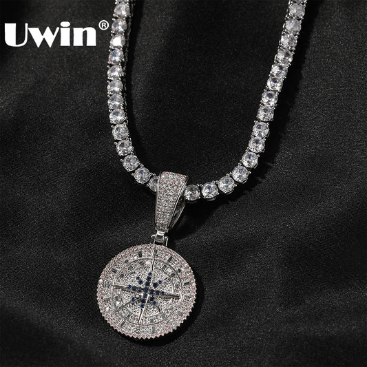UWIN Compass Pendant Necklaces for Men Women Iced Out Black and White Cubic Zirconia Charms Fashion Jewelry for Gift