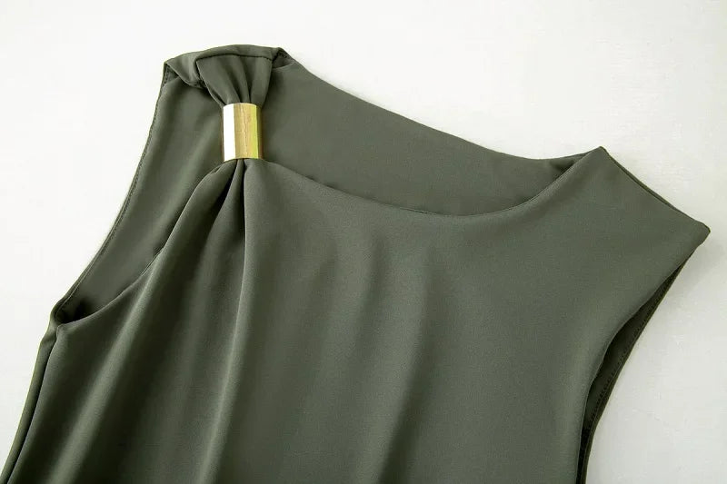 MUJER 2025 Pleated Midi Dress Women Bodycon Long Dress Woman Asymmetric Holiday Women's Summer Dress Sleeveless Evening Dresses