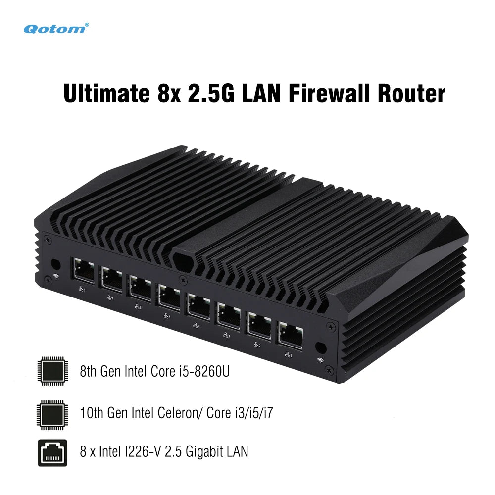 Qotom Barebone Fanless Mini PC 8x Intel i226-V 2.5G LAN Core i7-10510U i5-8260U Firewall Router Soft Router RS232 Console