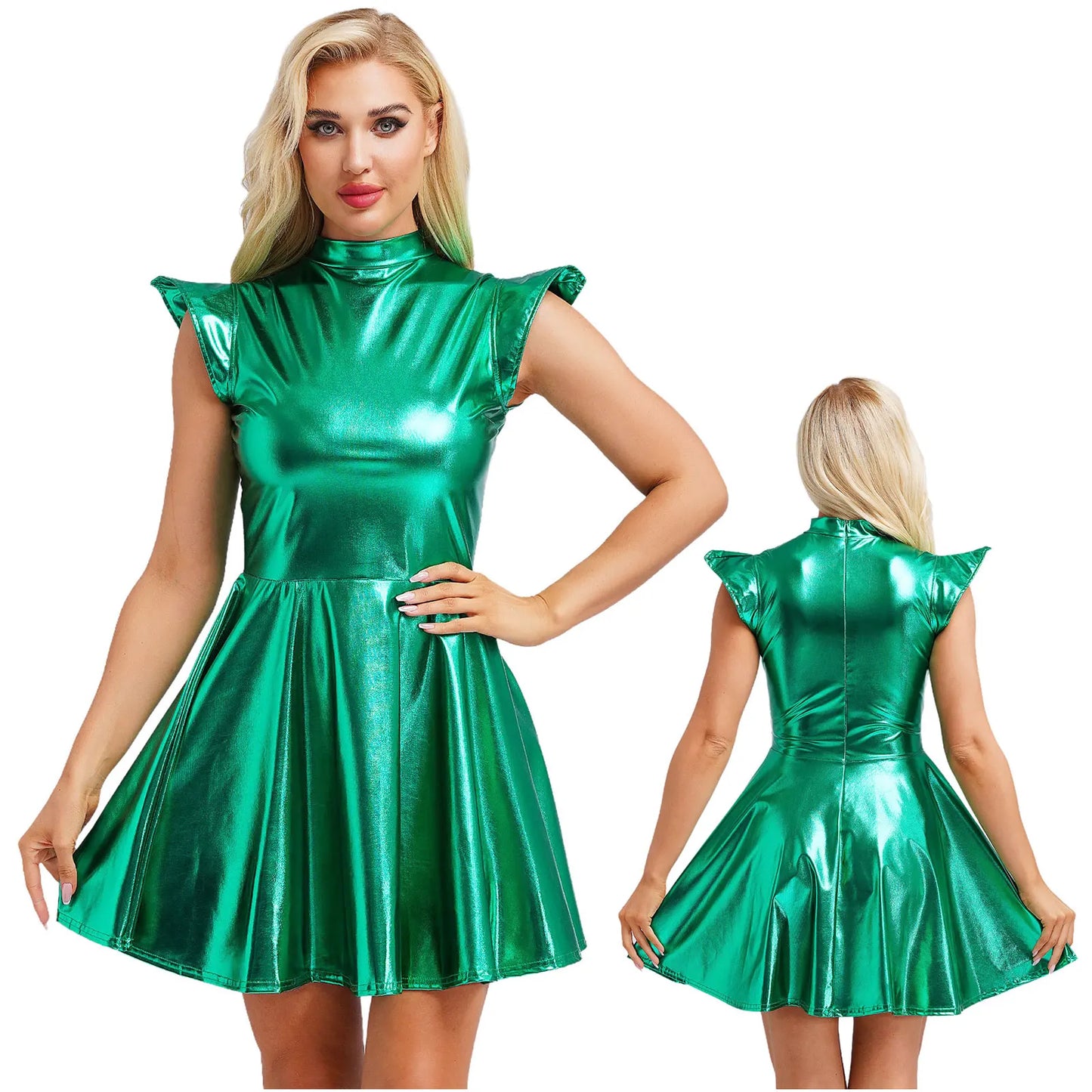Womens High Waist A-line Dress Shiny Metallic Mock Neck Cap Sleeve Dress Modern Pole Dance Rave Party Bar Club Wear Street Wear
