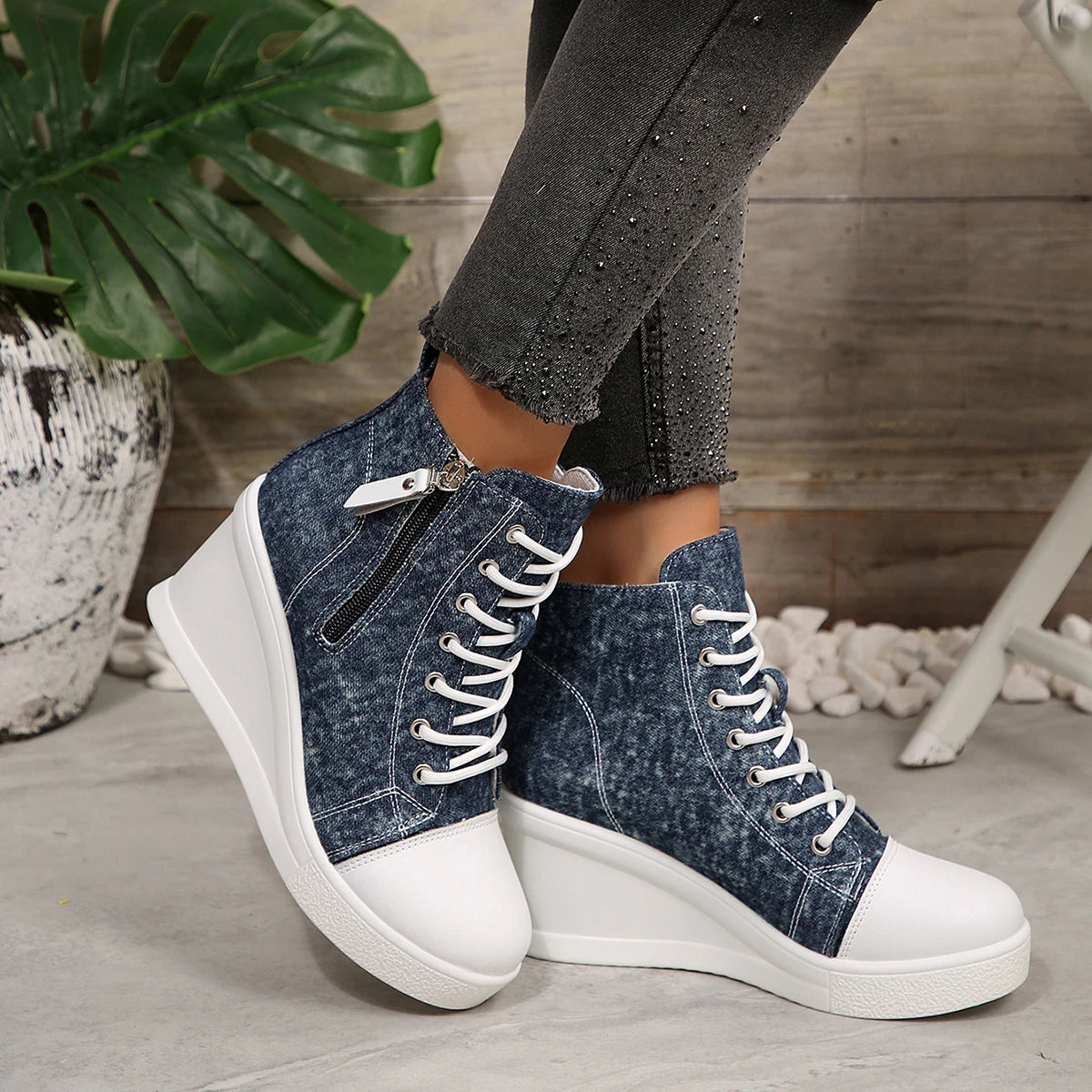 2025 New Women High Top Wedge Sneakers Blue Camouflage Shoes Woman Fashion Lightweight Lace Up Platform Ankle Sneakers Women