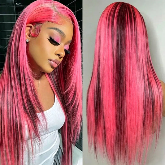 Pink Highlight Colored Human Hair Wigs Woman 13x4 Transparent Lace Front Wig On Clearance Sale Lace Frontal Wig Glueless HD Wigs