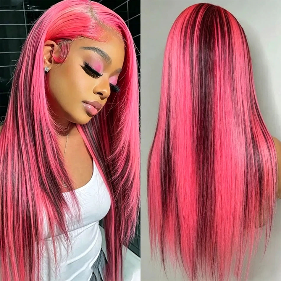 Pink Highlight Colored Human Hair Wigs Woman 13x4 Transparent Lace Front Wig On Clearance Sale Lace Frontal Wig Glueless HD Wigs