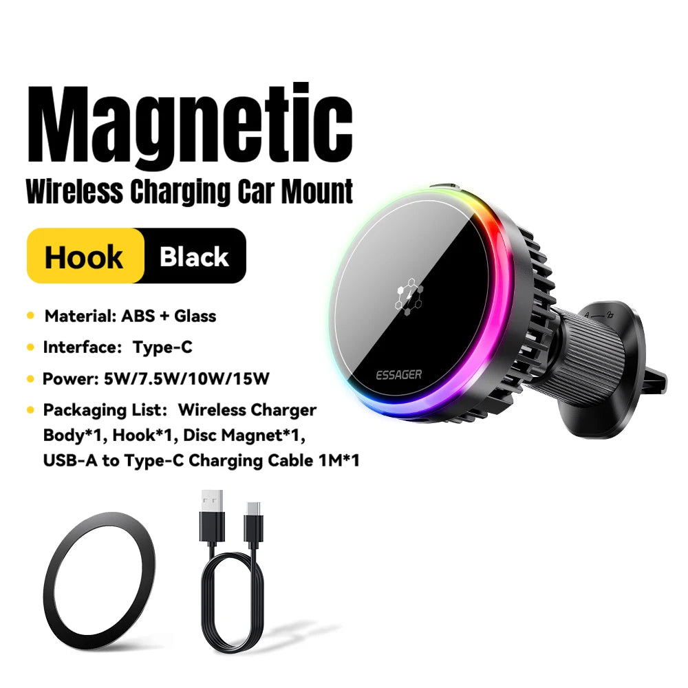 Essager Cooling Magnetic Car Wireless Charger 15W Fast Charging Station For Magsafe iPhone 16 Huawei 360° Roation Phone Holder