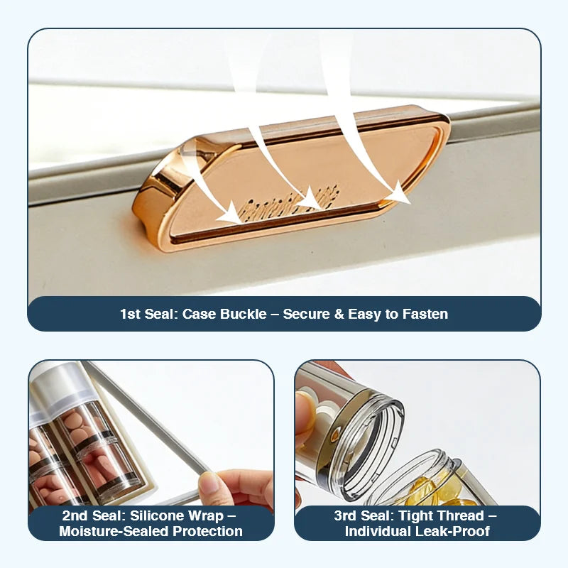 Portable Rotary Pill Box with Independent Mini Bottles, Leak-proof & Moisture-proof Travel Medicine Organizer, Secure Seal Weekl