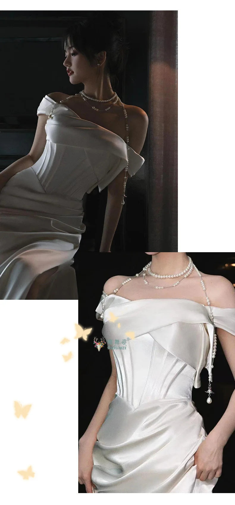 French Style Luxury Pleat Satin Strapless Light Wedding Bridal Dress Off-Shoulder Light Wedding Dress Birthday Party Prom Gowns