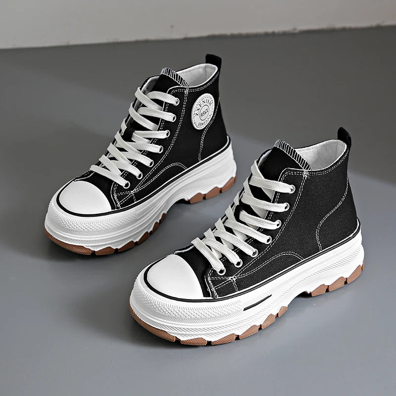 2026Women Canvas Shoes High Top Women's Vulcanize Shoes Lace-Up Casual Ladies Sneakers Plarform Non-slip Round Head Female Shoes