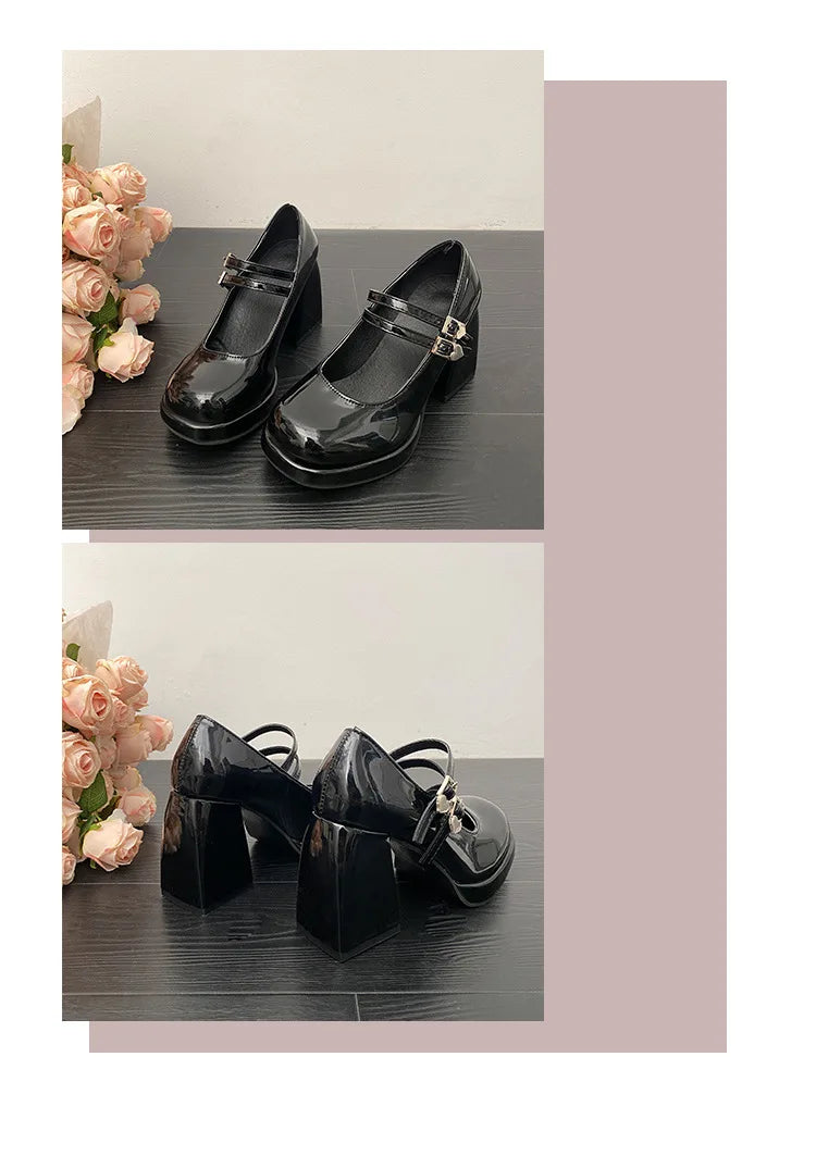 Women Chunky Heels Mary Jane Shoes Princess Spring New Fashion Platform Comfortable Black Soft Anti-slippery Dress Leather Shoes