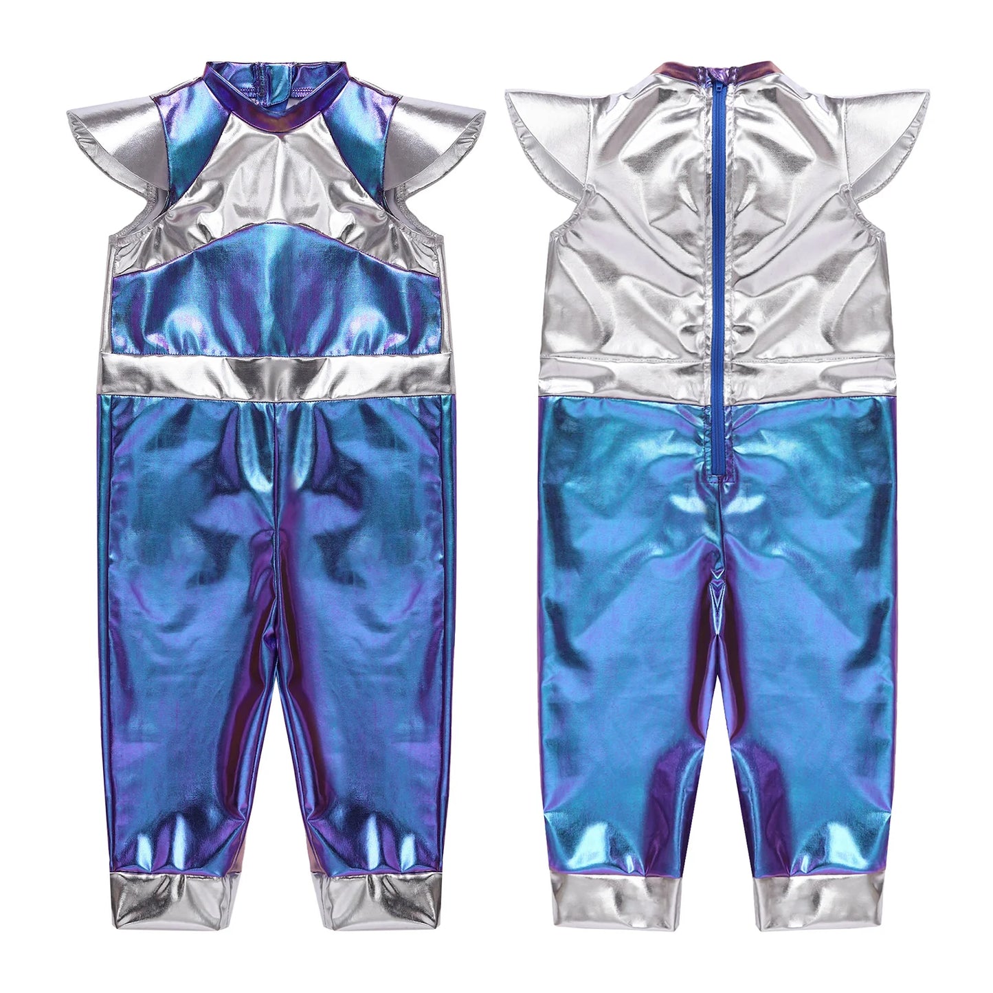 Toddler Boys Girls Metallic Alien Dress-up Costume Jumpsuit Halloween Outer Space Party Cap Sleeve Shiny Romper for Photography