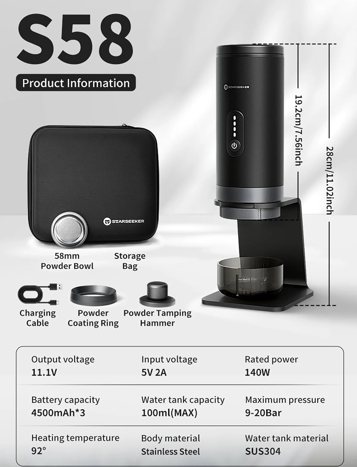 STARSEEKER S58/S58Pro Portable Espresso Coffee Maker Wireless Heating Coffee Machine Bottomless Handle Bottomless Extraction