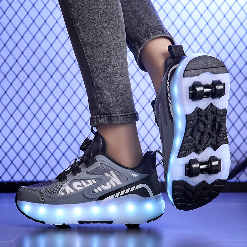 Children's Roller Skate Shoes 4-Wheels Removable Wheeled Rolling Shoes for Kids with LED Light Inline Skate Sneaker