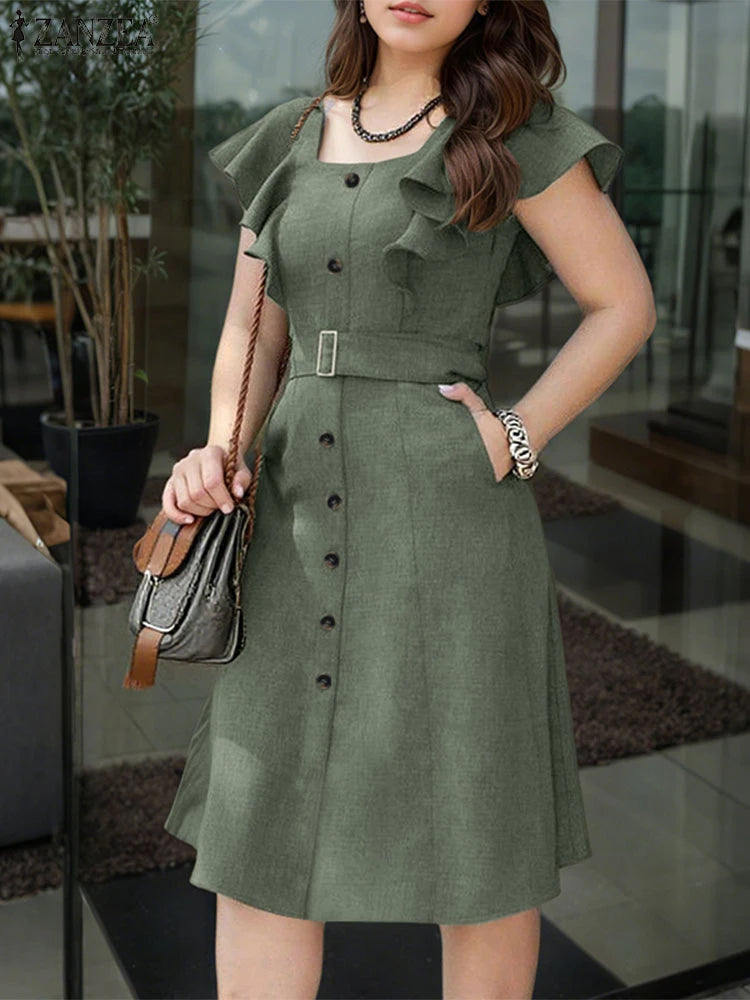 ZANZEA Elegant Women Office Lady Dress Summer Short Sleeve Ruffled Vestidos Casual Solid Color Square Collar Party Midi Sundress