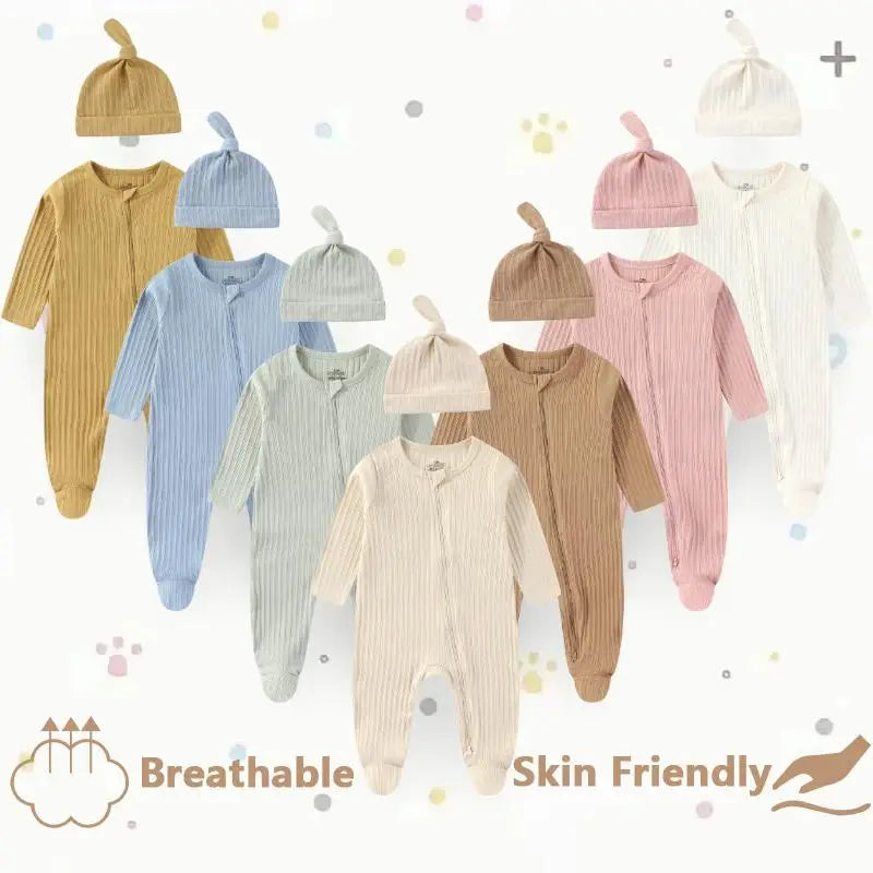 2 Pieces Solid Color Romper+Hat 2-way Zipper Cotton Baby Girl Clothes 0-12M Spring Newborn Baby Boy Clothes Sets Winter